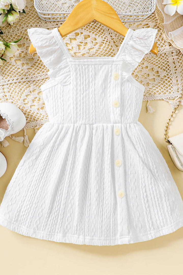 Baby Girl Decorative Button Ruffle Shoulder Textured Dress - Stuffed Cart