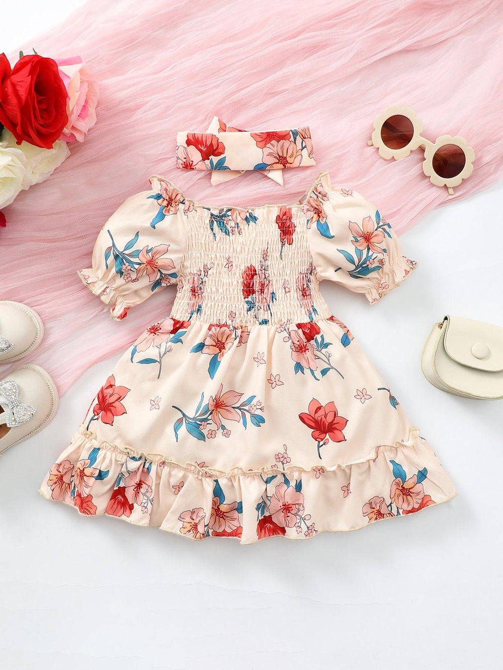 Baby Girl Floral Smocked Frill Trim Dress - Stuffed Cart