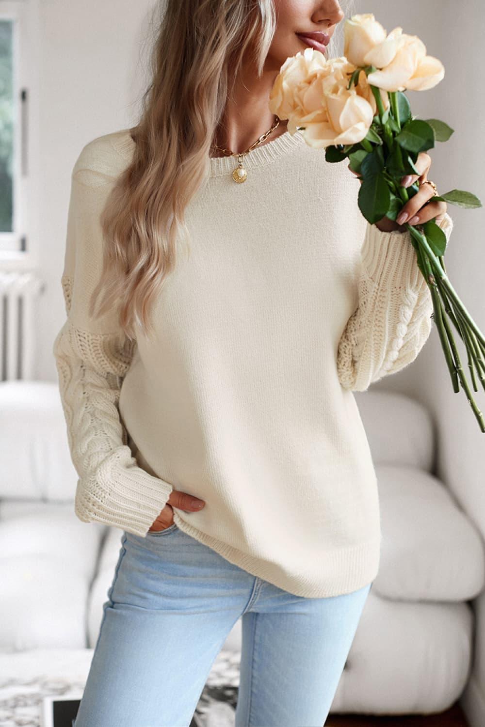 Cable-Knit Round Neck Drop Shoulder Sweater - Stuffed Cart