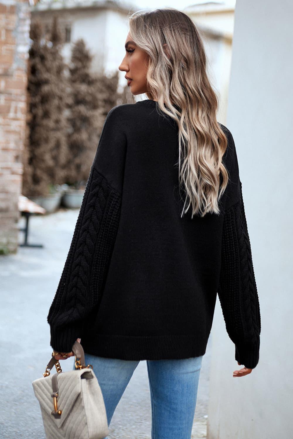 Cable-Knit Round Neck Drop Shoulder Sweater - Stuffed Cart