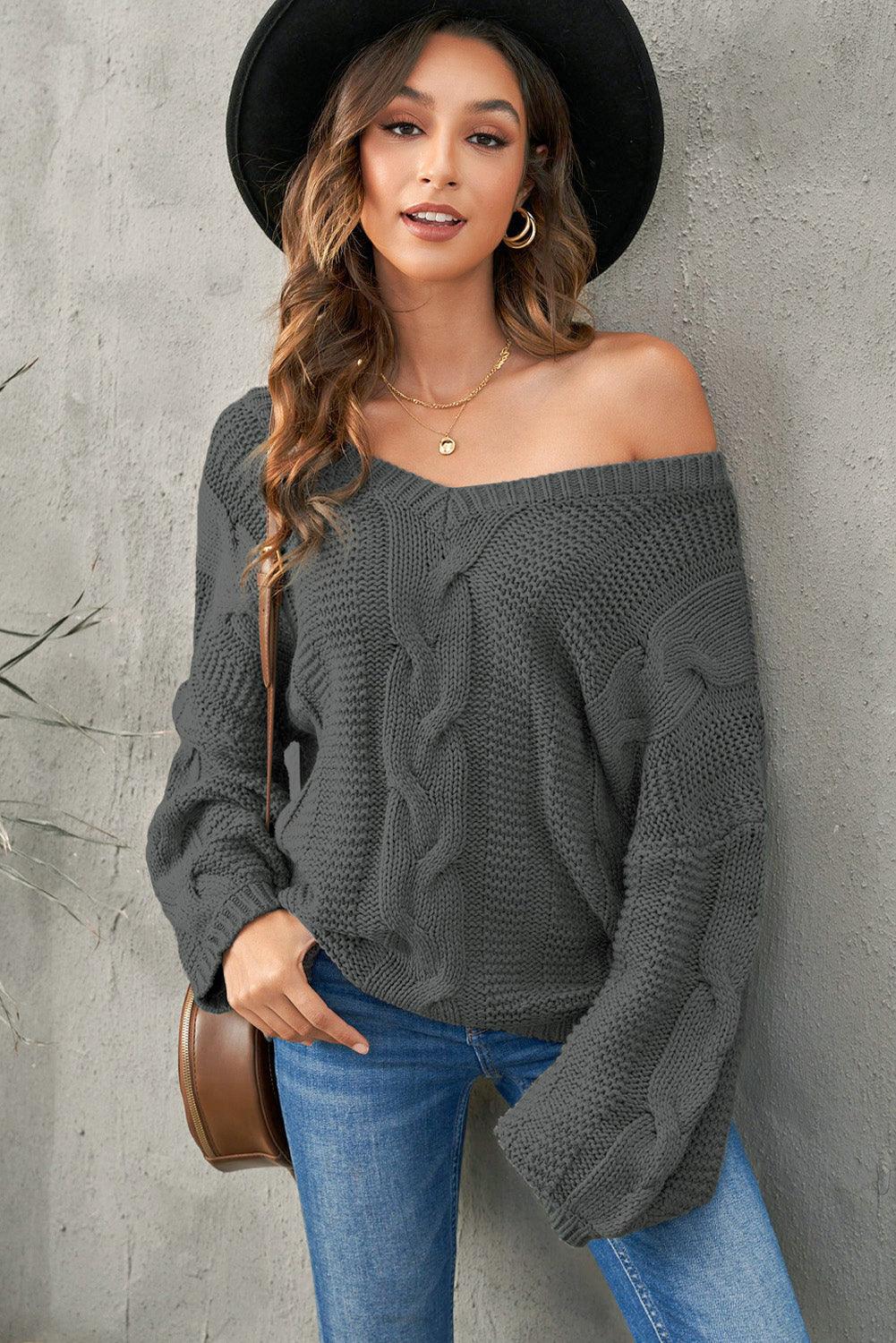 Cable Knit V-Neck Sweater - Stuffed Cart