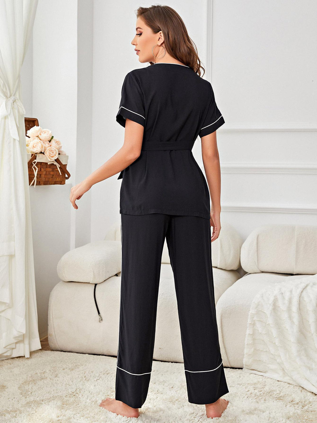 Contrast Piping Belted Top and Pants Pajama Set - Stuffed Cart
