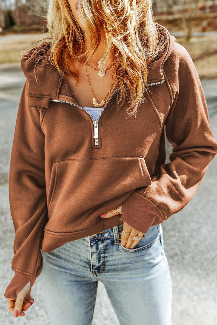 Double Take Half-Zip Thumbhole Sleeve Hoodie - Stuffed Cart