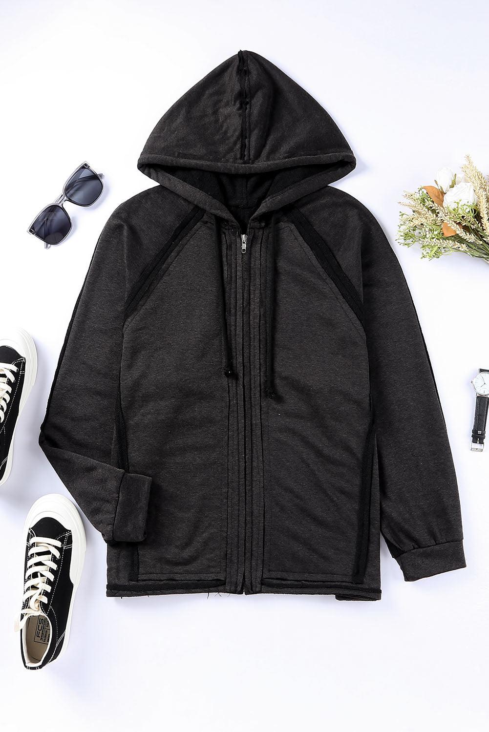 Exposed Seam Drawstring Hooded Jacket with Pockets - Stuffed Cart