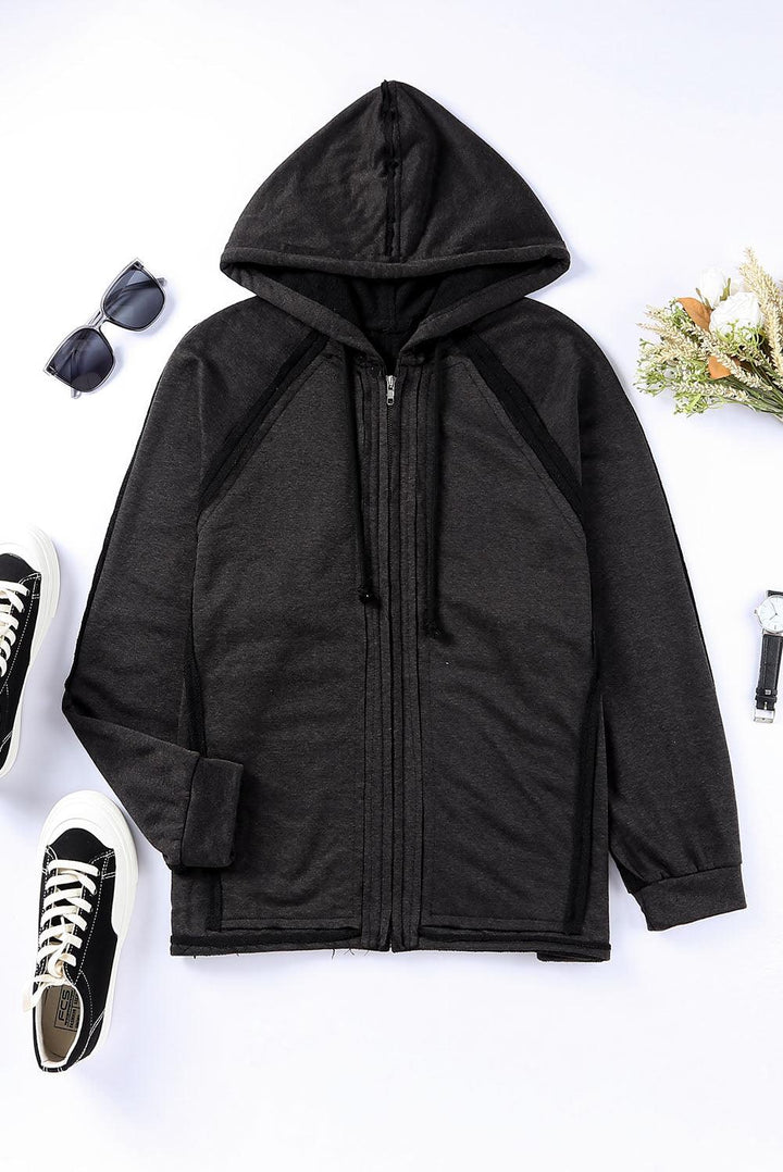Exposed Seam Drawstring Hooded Jacket with Pockets - Stuffed Cart