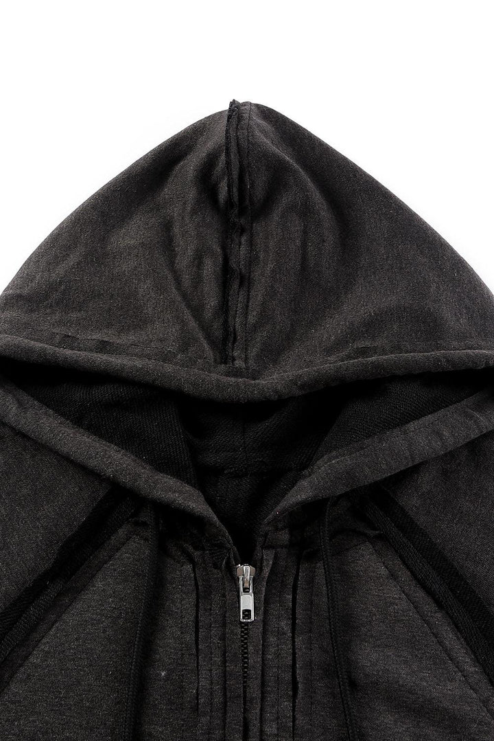 Exposed Seam Drawstring Hooded Jacket with Pockets - Stuffed Cart
