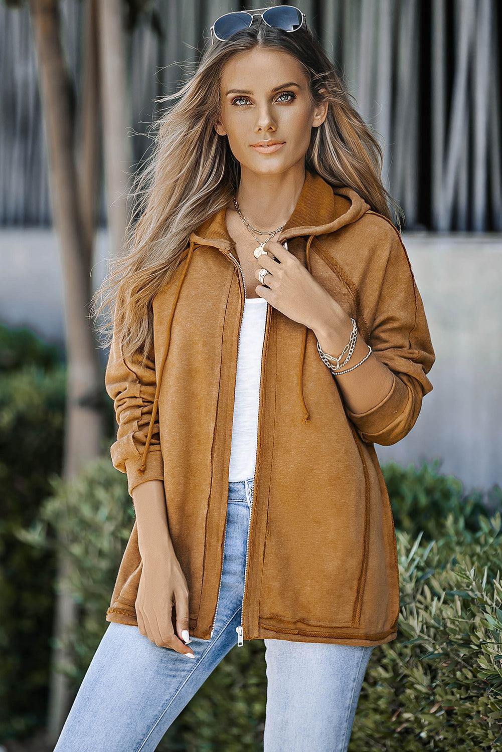 Exposed Seam Drawstring Hooded Jacket with Pockets - Stuffed Cart