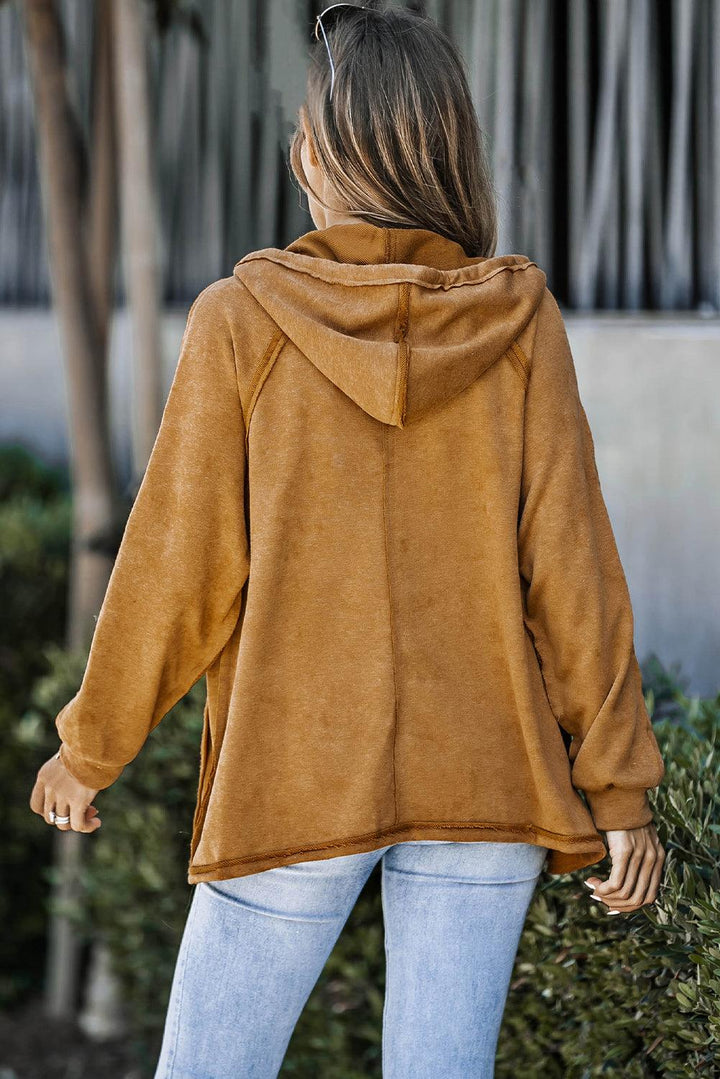Exposed Seam Drawstring Hooded Jacket with Pockets - Stuffed Cart