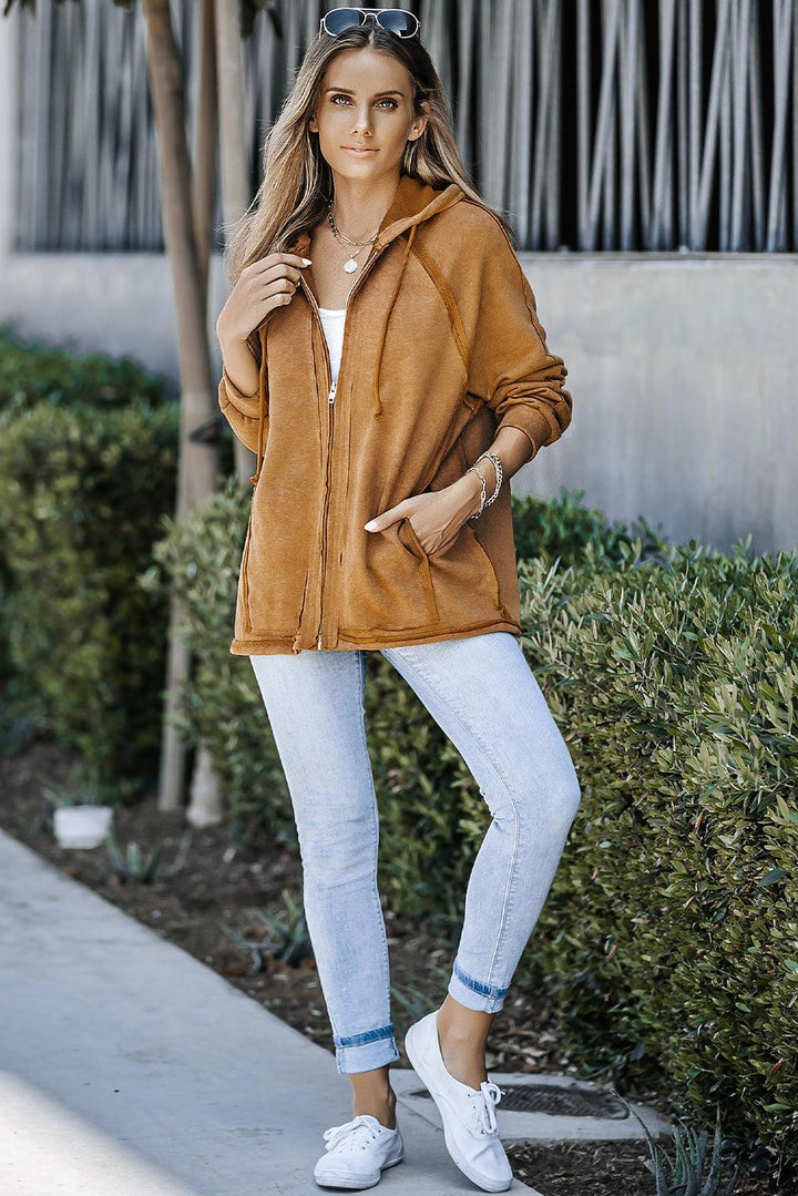 Exposed Seam Drawstring Hooded Jacket with Pockets - Stuffed Cart