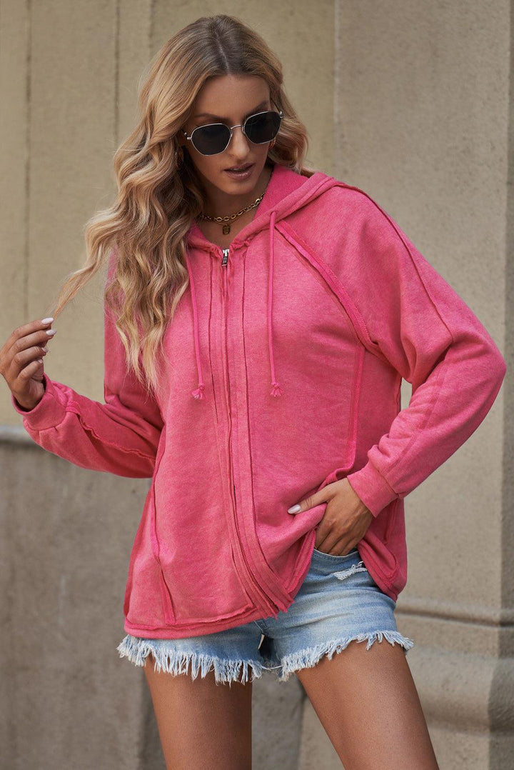 Exposed Seam Drawstring Hooded Jacket with Pockets - Stuffed Cart