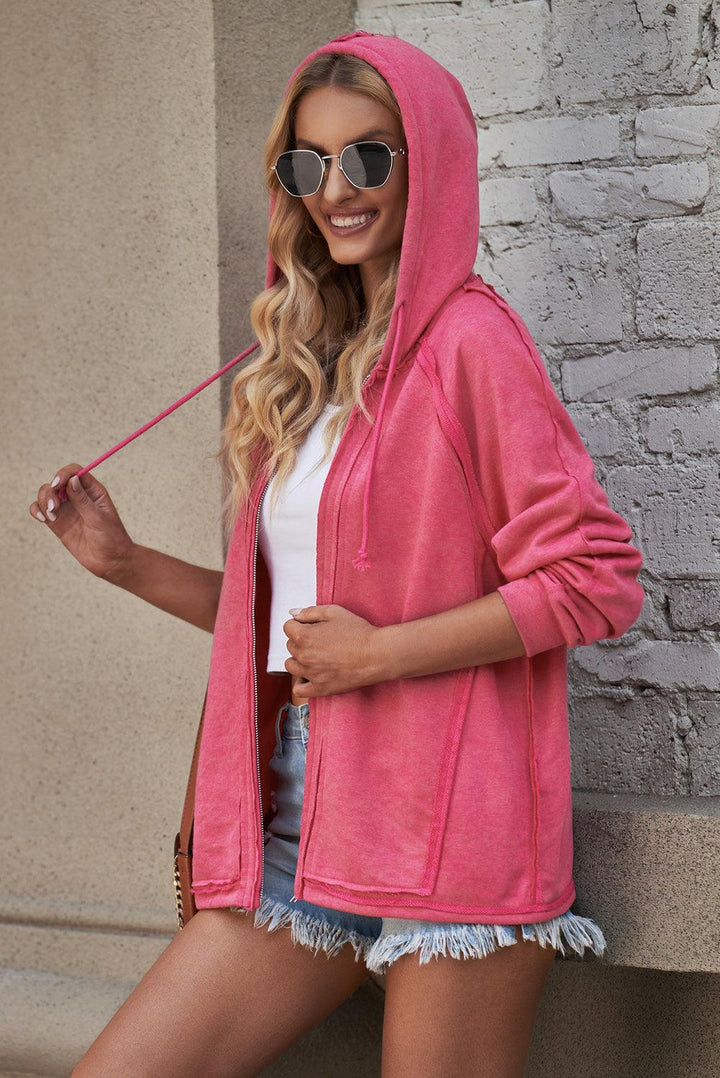 Exposed Seam Drawstring Hooded Jacket with Pockets - Stuffed Cart