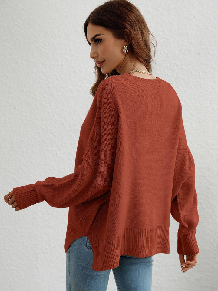 Exposed Seam Dropped Shoulder Slit Sweater - Stuffed Cart