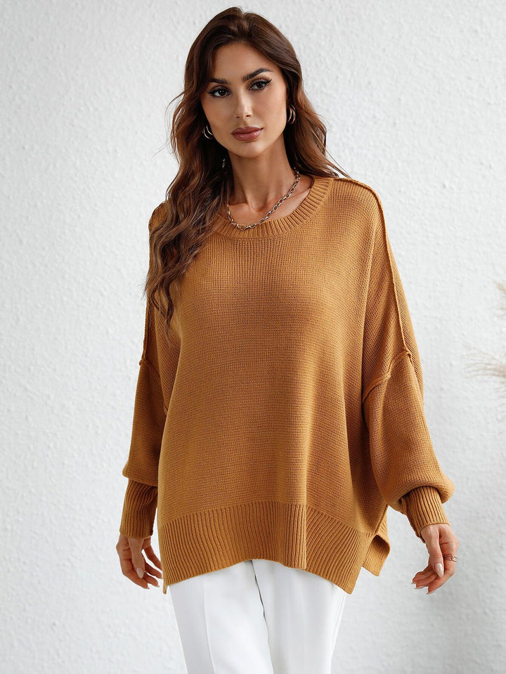 Exposed Seam Dropped Shoulder Slit Sweater - Stuffed Cart