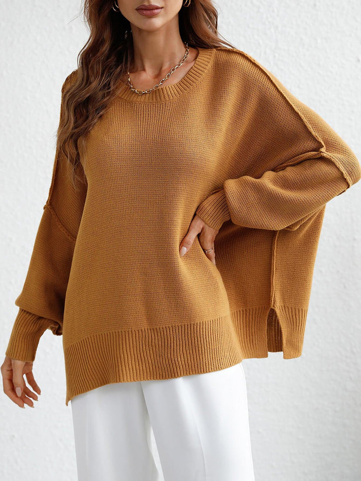 Exposed Seam Dropped Shoulder Slit Sweater - Stuffed Cart