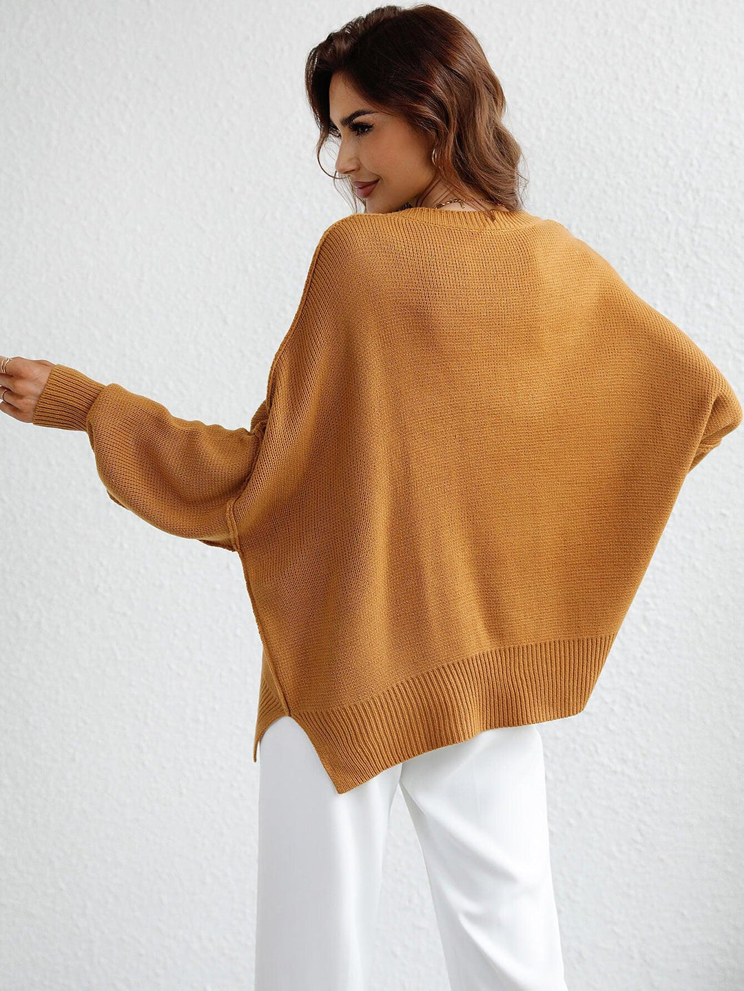 Exposed Seam Dropped Shoulder Slit Sweater - Stuffed Cart