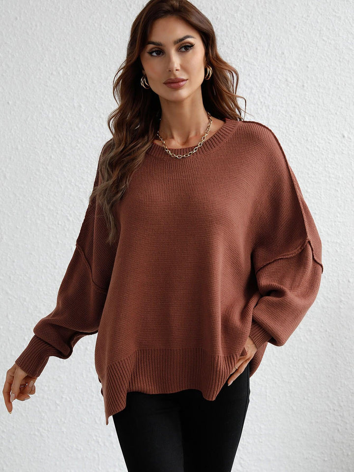 Exposed Seam Dropped Shoulder Slit Sweater - Stuffed Cart