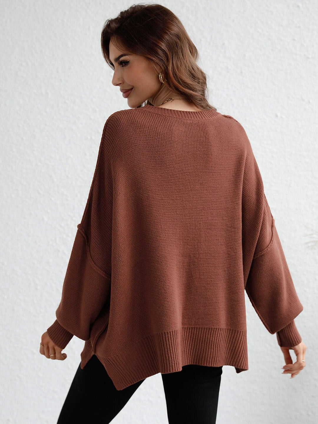 Exposed Seam Dropped Shoulder Slit Sweater - Stuffed Cart