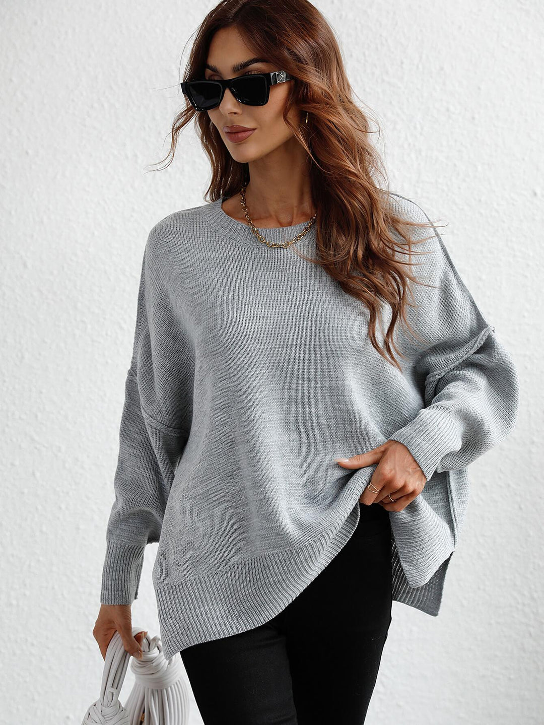 Exposed Seam Dropped Shoulder Slit Sweater - Stuffed Cart