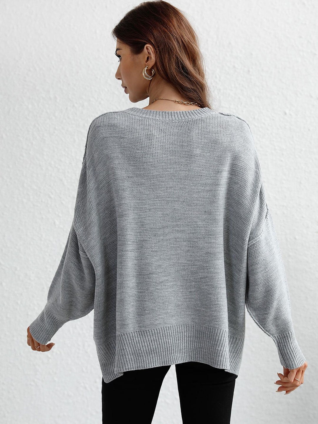 Exposed Seam Dropped Shoulder Slit Sweater - Stuffed Cart