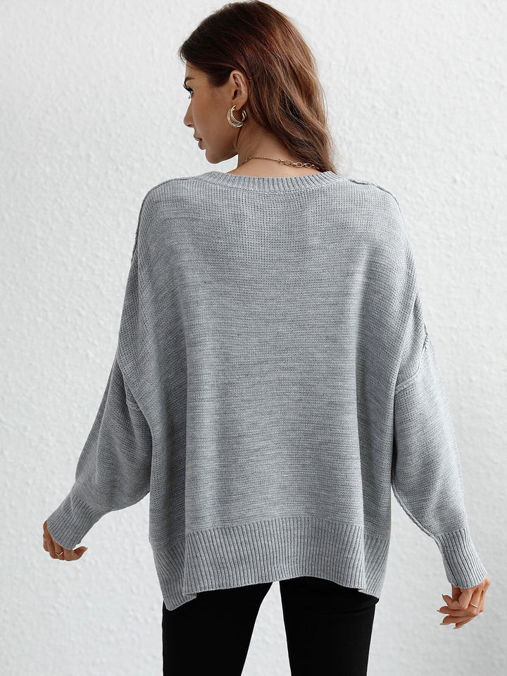 Exposed Seam Dropped Shoulder Slit Sweater - Stuffed Cart