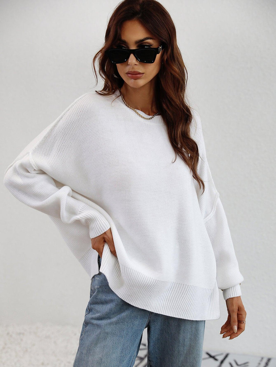 Exposed Seam Dropped Shoulder Slit Sweater - Stuffed Cart