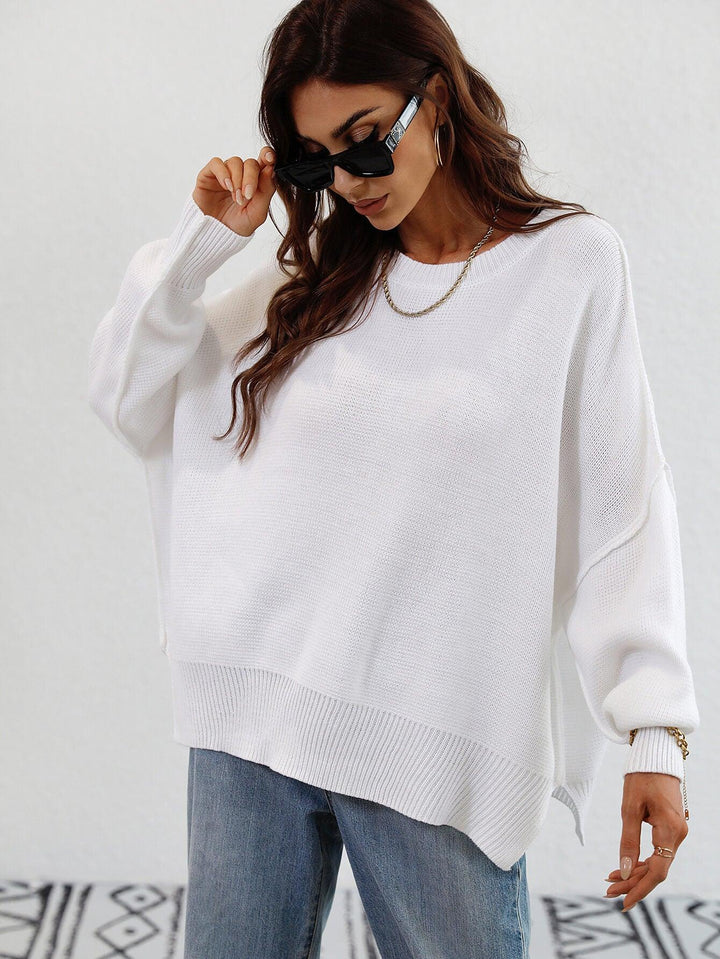Exposed Seam Dropped Shoulder Slit Sweater - Stuffed Cart