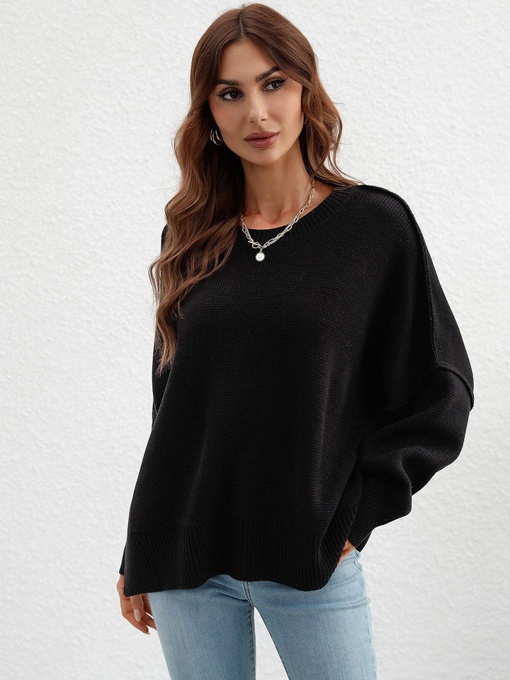 Exposed Seam Dropped Shoulder Slit Sweater - Stuffed Cart