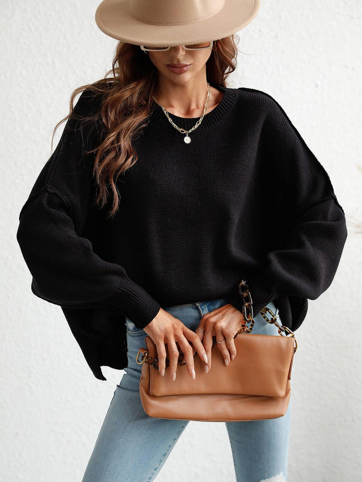 Exposed Seam Dropped Shoulder Slit Sweater - Stuffed Cart