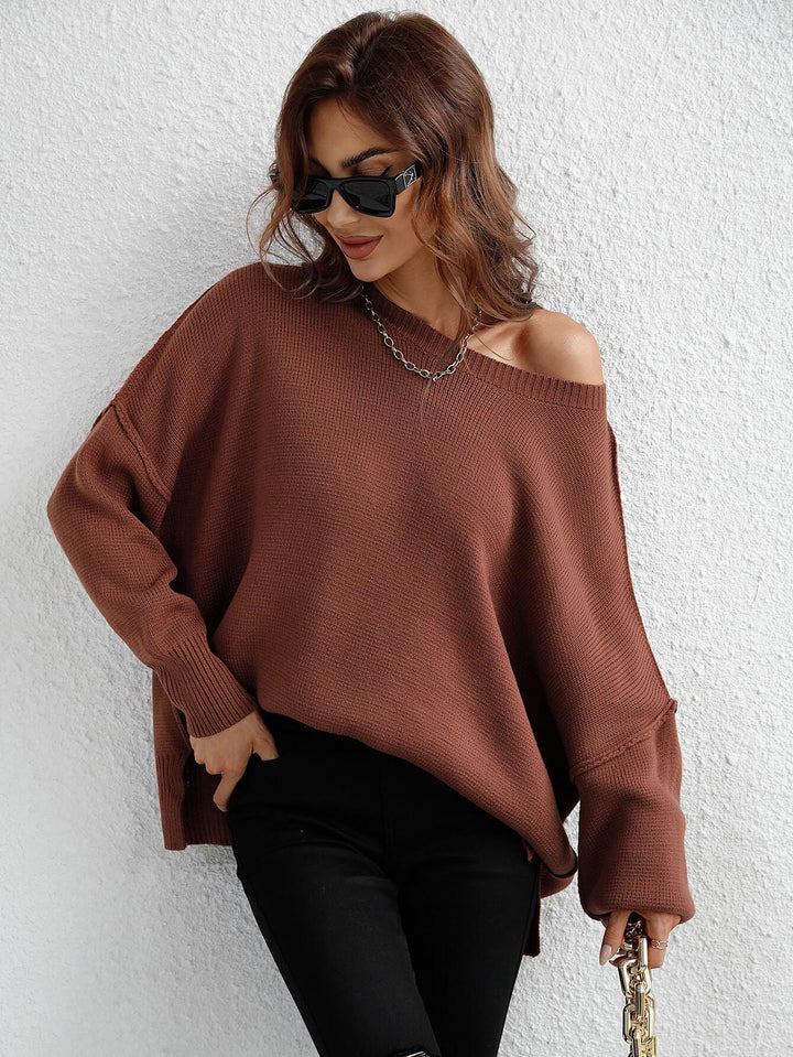 Exposed Seam Dropped Shoulder Slit Sweater - Stuffed Cart