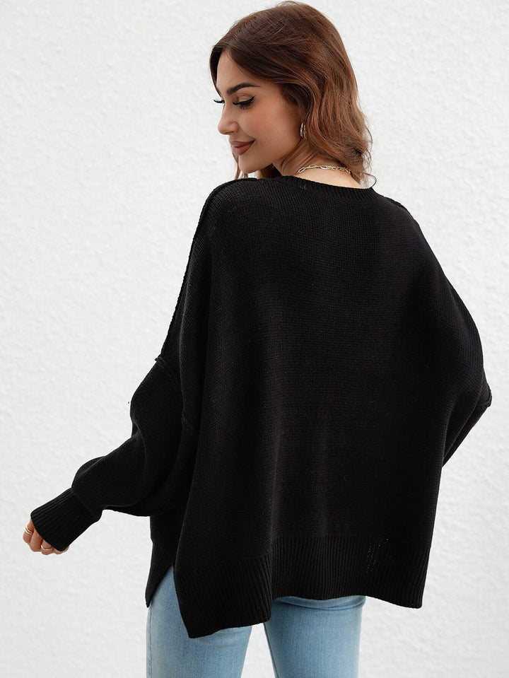 Exposed Seam Dropped Shoulder Slit Sweater - Stuffed Cart