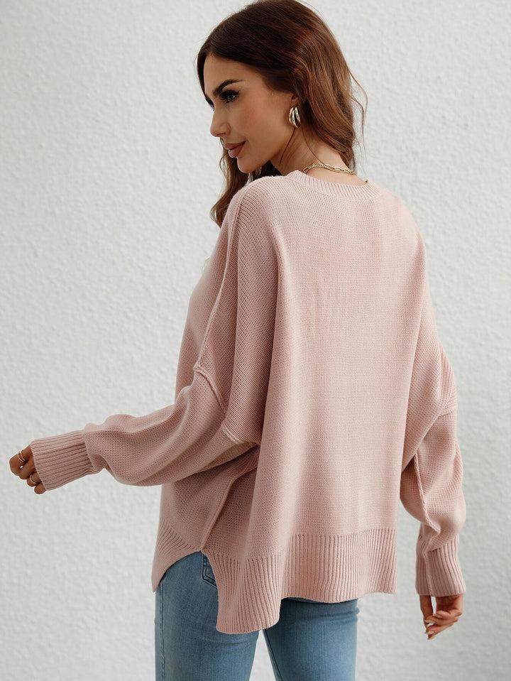 Exposed Seam Dropped Shoulder Slit Sweater - Stuffed Cart