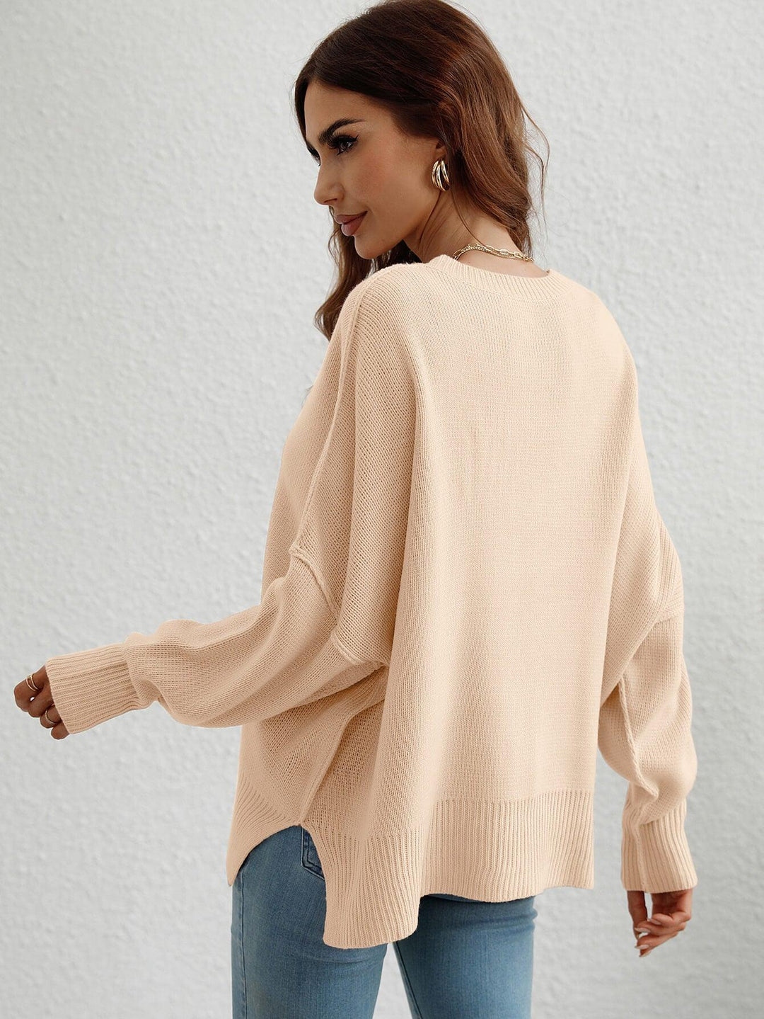 Exposed Seam Dropped Shoulder Slit Sweater - Stuffed Cart