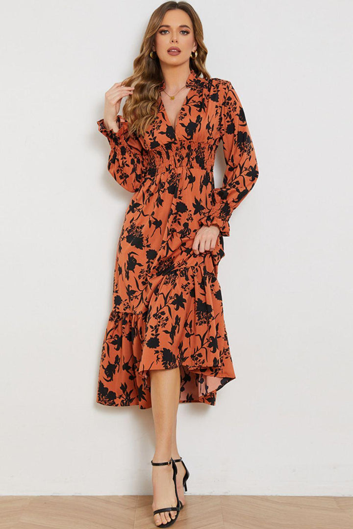 Floral Smocked Long Flounce Sleeve Dress - Stuffed Cart