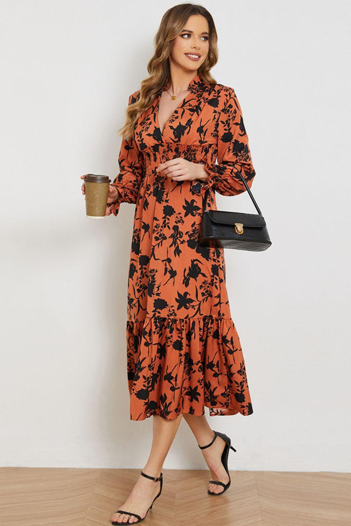 Floral Smocked Long Flounce Sleeve Dress - Stuffed Cart