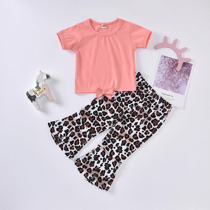 Girls Bow Detail Top and Leopard Flare Pants Set - Stuffed Cart