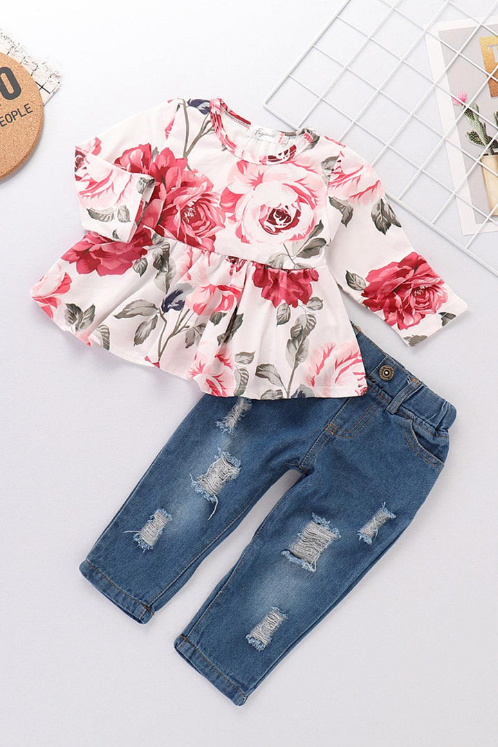 Girls Floral Babydoll Top and Jeans Set - Stuffed Cart