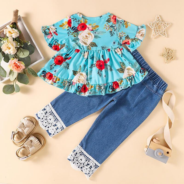 Girls Floral Round Neck Top and Lace Trim Distressed Jeans Set - Stuffed Cart