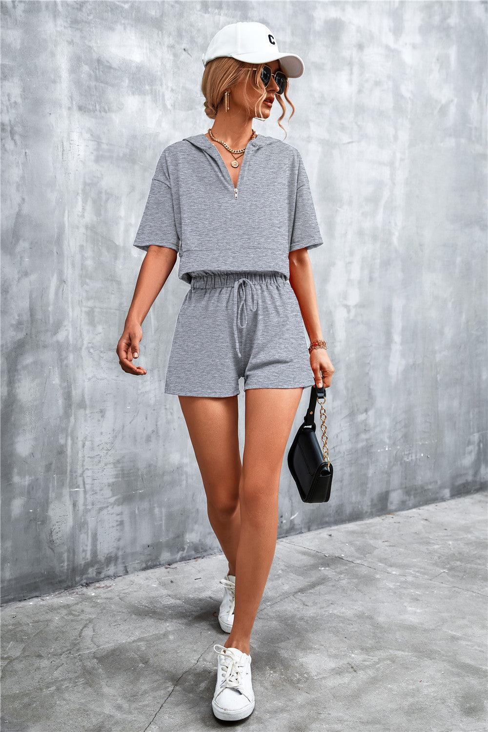 Half Zip Cropped Hooded T-Shirt and Shorts Set - Stuffed Cart