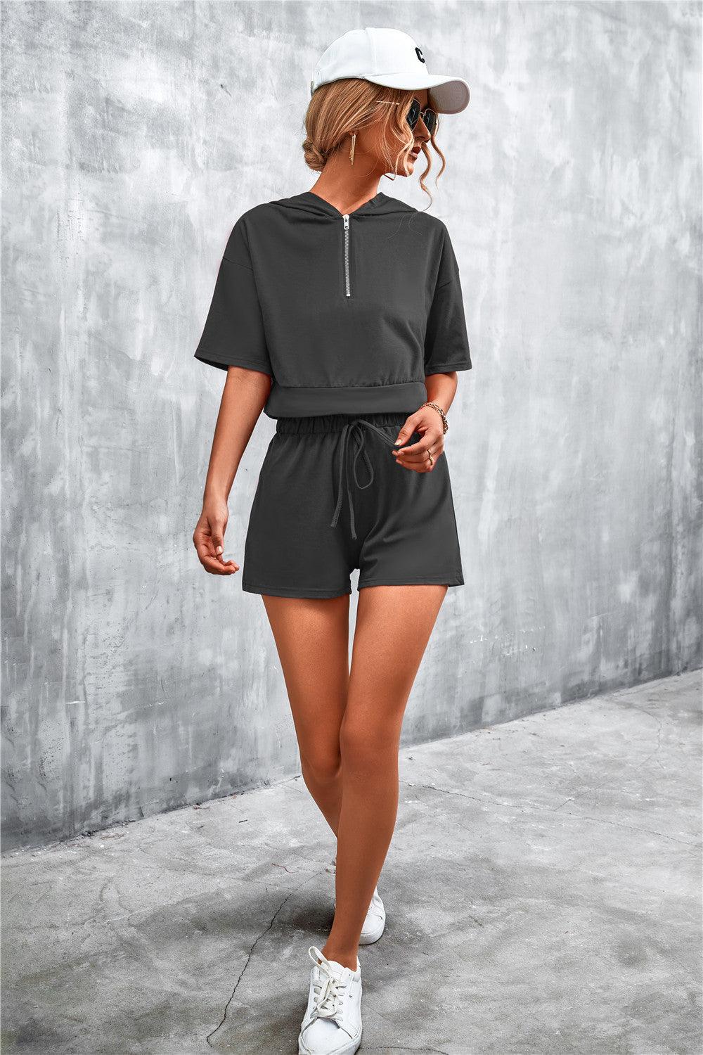 Half Zip Cropped Hooded T-Shirt and Shorts Set - Stuffed Cart
