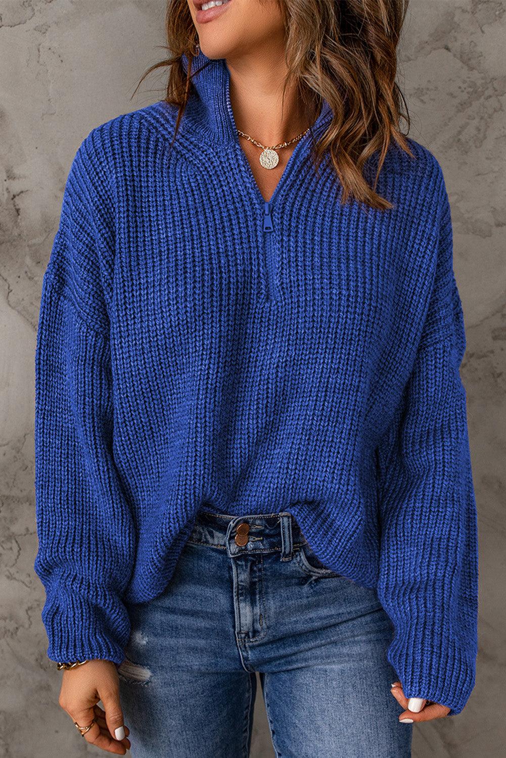 Half Zip Rib-Knit Dropped Shoulder Sweater - Stuffed Cart