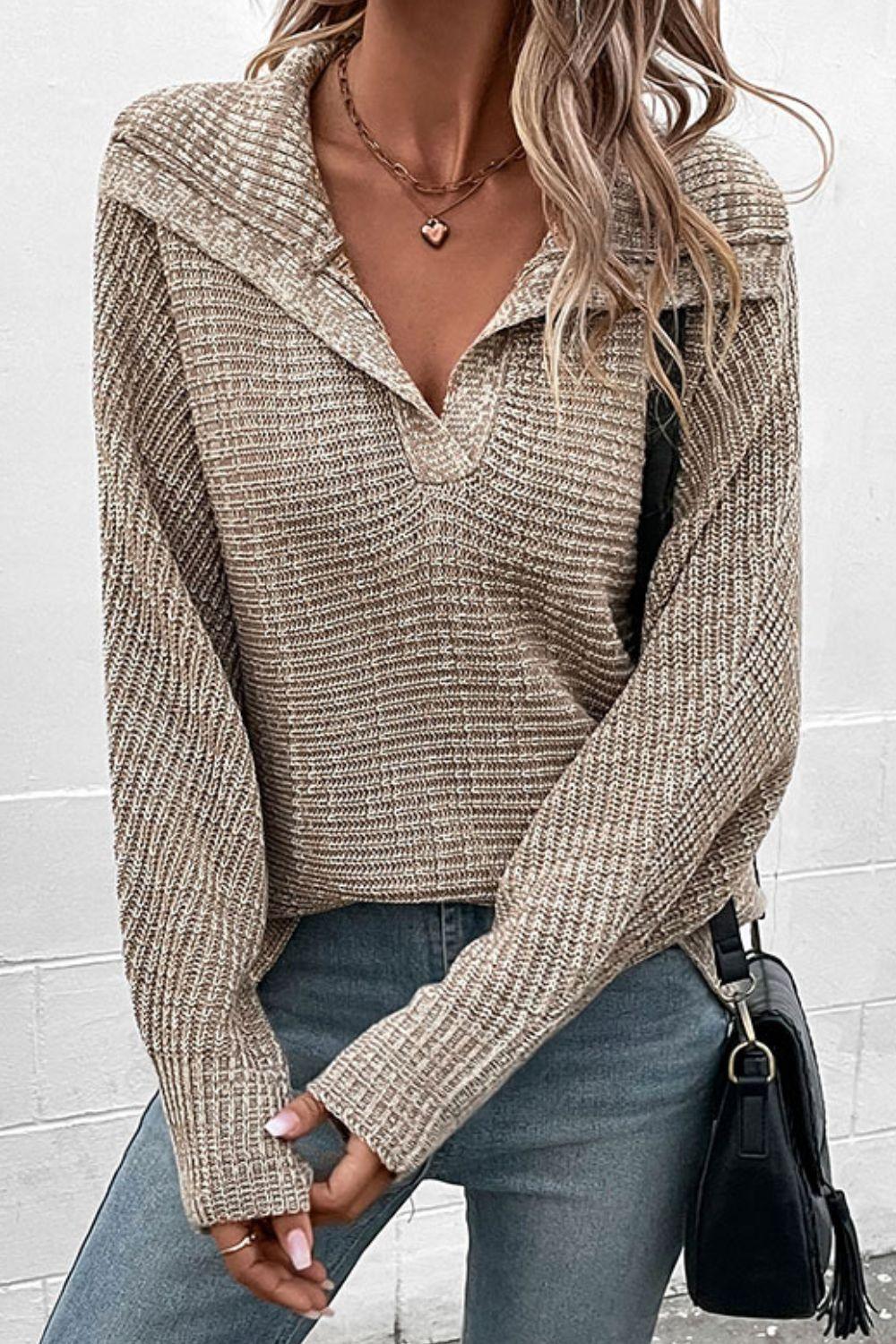Heathered Horizontal-Ribbing Pullover Sweater - Stuffed Cart