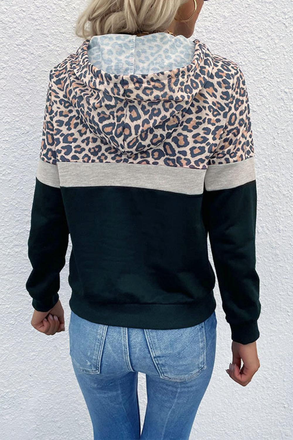 Leopard Color Block Long Sleeve Drawstring Hoodie - Stuffed Cart