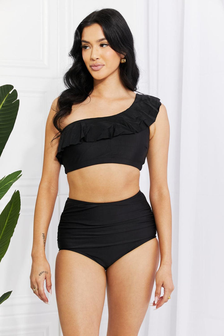 Marina West Swim Seaside Romance Ruffle One-Shoulder Bikini in Black - Stuffed Cart