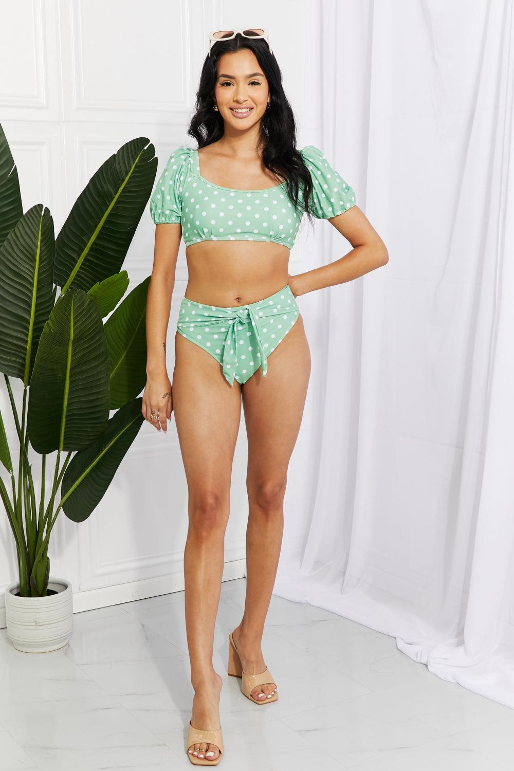 Marina West Swim Vacay Ready Puff Sleeve Bikini in Gum Leaf - Stuffed Cart