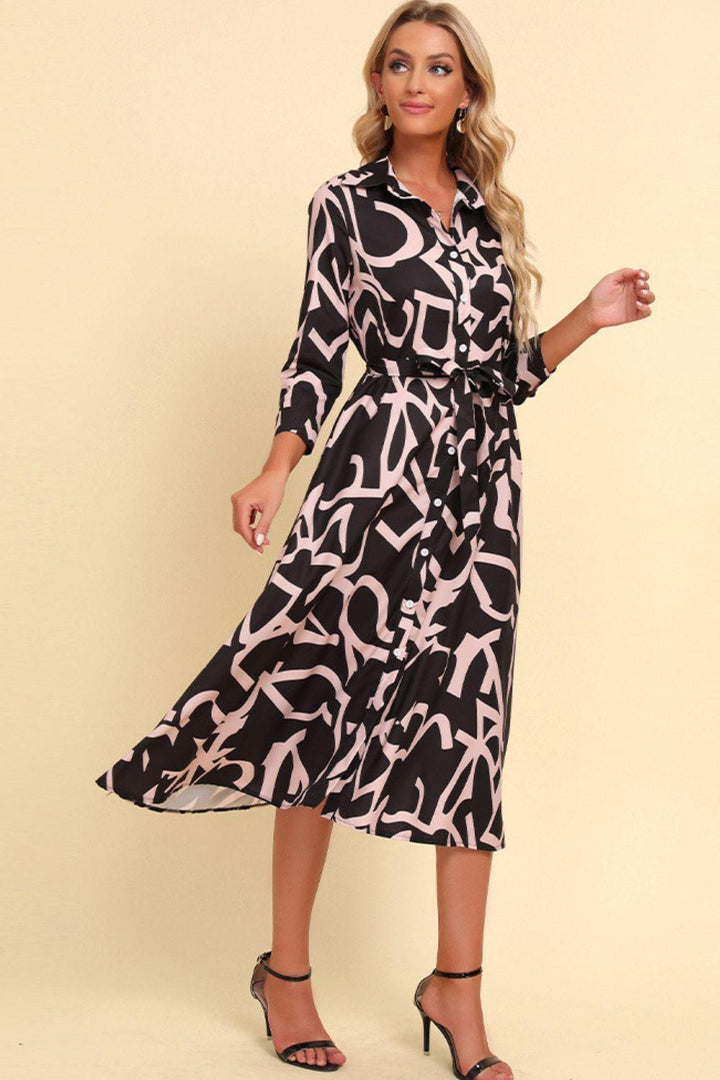 Printed Button Front Belted Midi Dress - Stuffed Cart