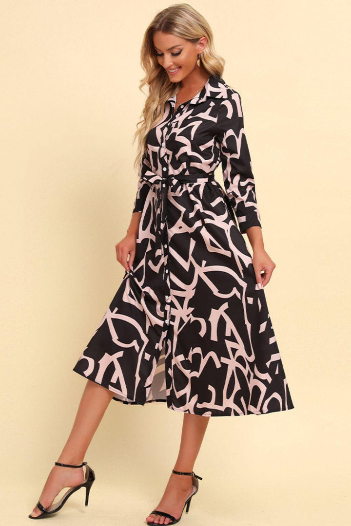 Printed Button Front Belted Midi Dress - Stuffed Cart