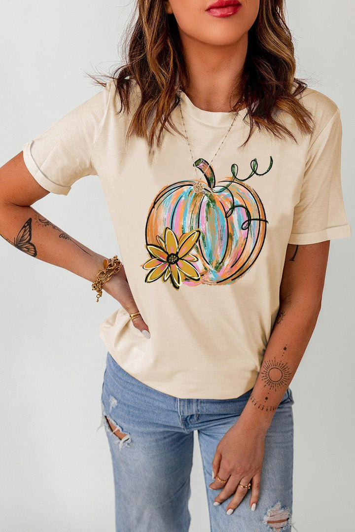 Pumpkin Graphic Round Neck T-Shirt - Stuffed Cart