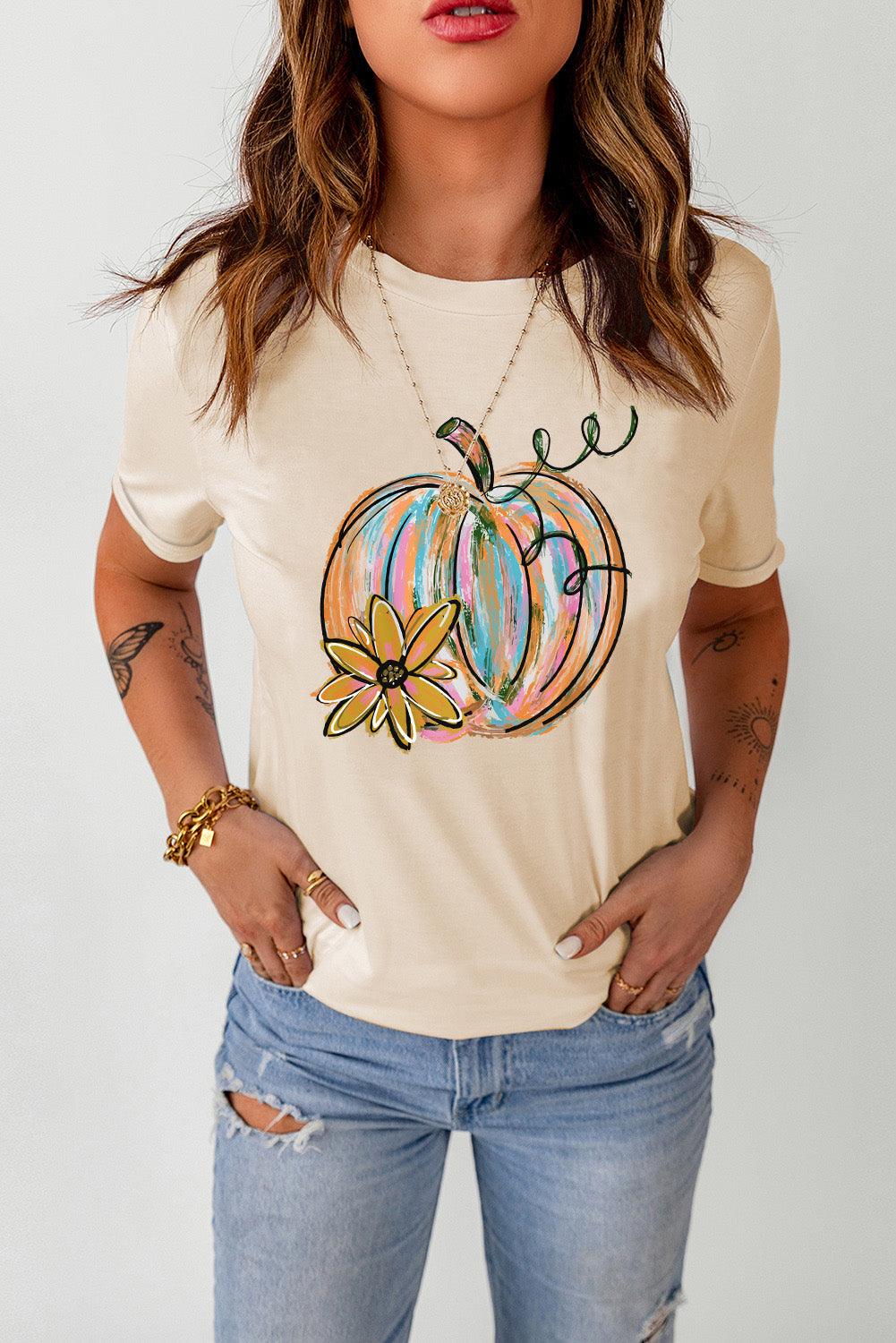 Pumpkin Graphic Round Neck T-Shirt - Stuffed Cart