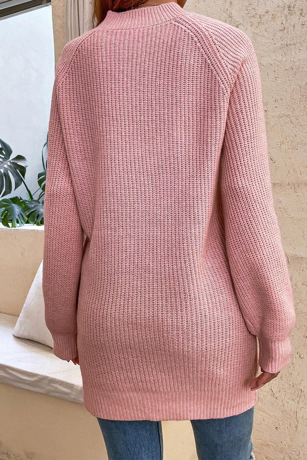 Round Neck Button Detail Ribbed Sweater - Stuffed Cart