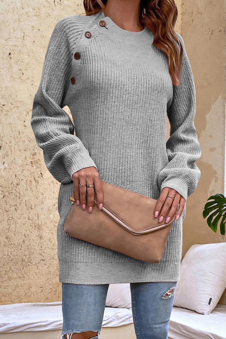 Round Neck Button Detail Ribbed Sweater - Stuffed Cart